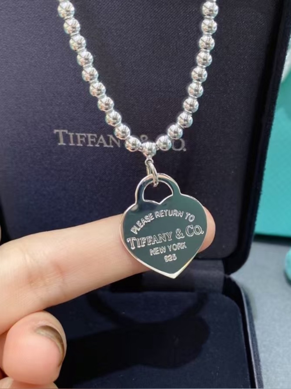 Tiffany & Coo Heart Tag Bead Necklace in Sterling Silver